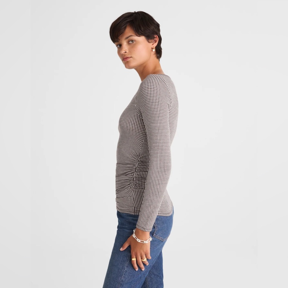 NWT Madewell Women's Ruched Crewneck Long-Sleeve Black and White Houndstooth Top - Picture 3 of 13
